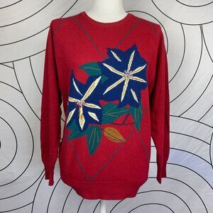 Poinsettia Vintage Cashmere Pringle of Scotland Intarsia, Womens Sweater M-L 70s